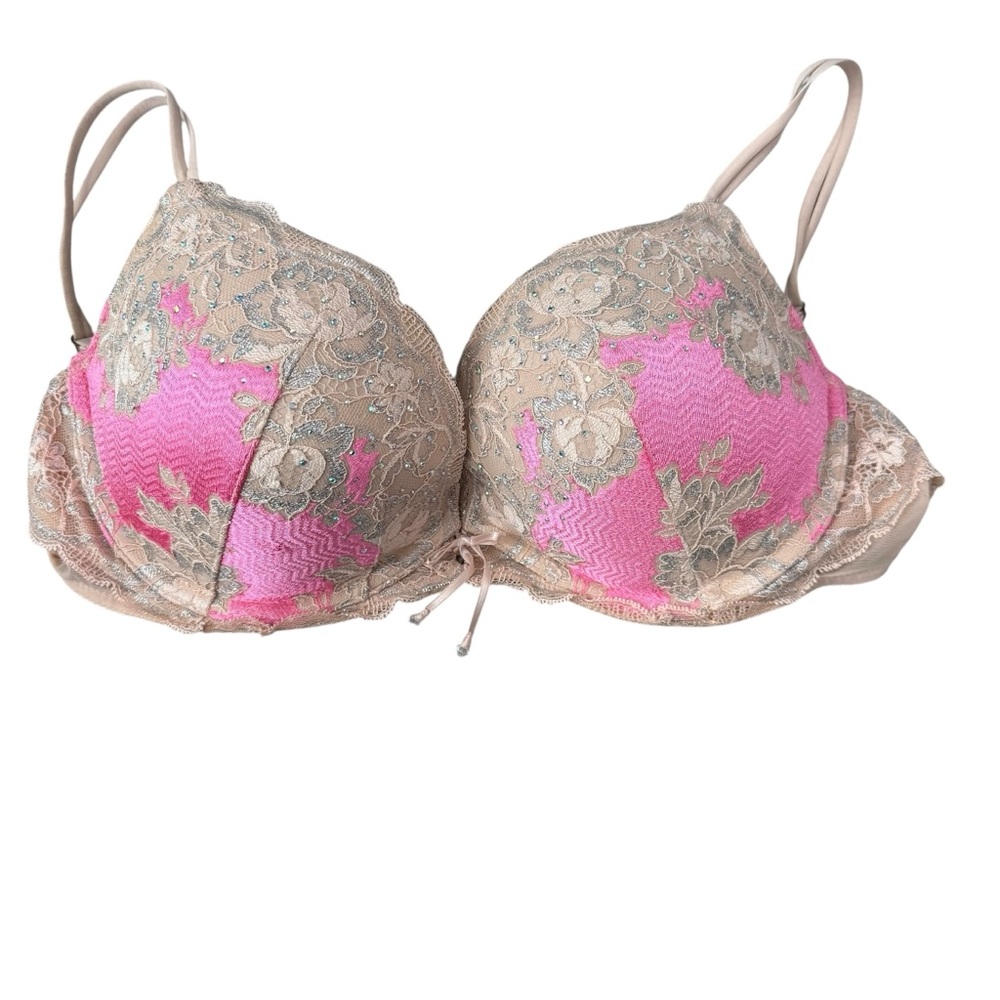 Victoria’s Secret 34DD Very Sexy Push-Up Bra Pink Beige Lace Rhinestone Crystal